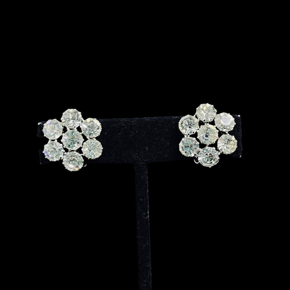 Vintage Weiss Silver Tone W/Brilliant Clear Rhinestones Clip On Earrings (5371)
